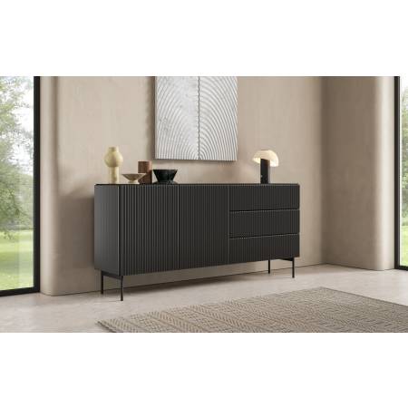 Komoda ryflowana czarna z szufladami 177 cm MIGEL